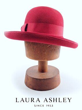Laura Ashley Wool Felt Hat Raspberry Wide Brim Grosgrain Ribbon Vintage UK 22.5"